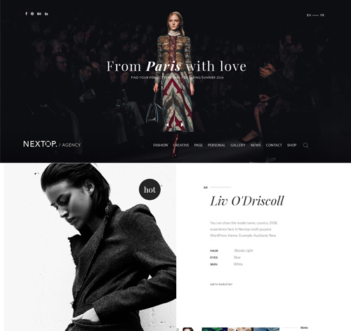 Nextop WordPress theme - Model Artist Talent Agency - Photographer - Gallery - Creative Elegant